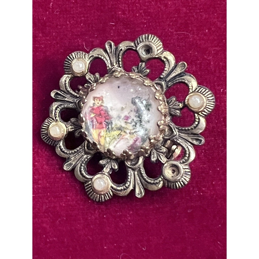 Antique Victorian Style Hand Painted Portrait Brooch Gold Tone Filigree Pin